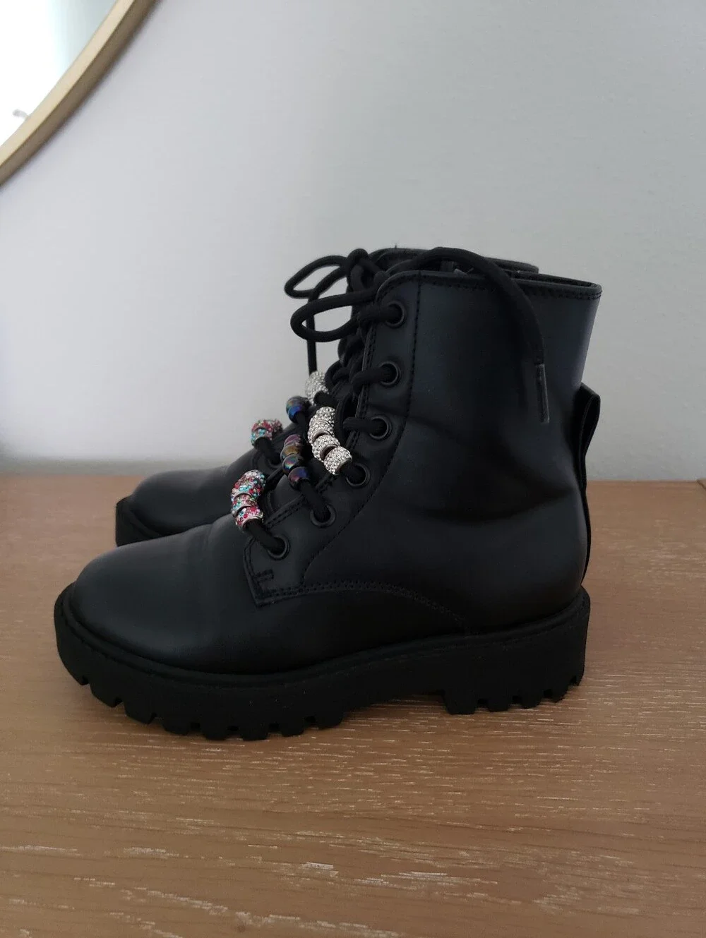 Girls Black Lace-Up Combat Boots with Decorative Beads